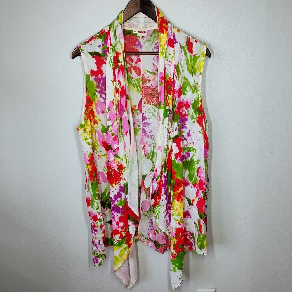 Tianello Floral‎ Cover Up Top Womens XL Washable Silk Sleeveless Cardigan Flowy - Picture 9 of 9